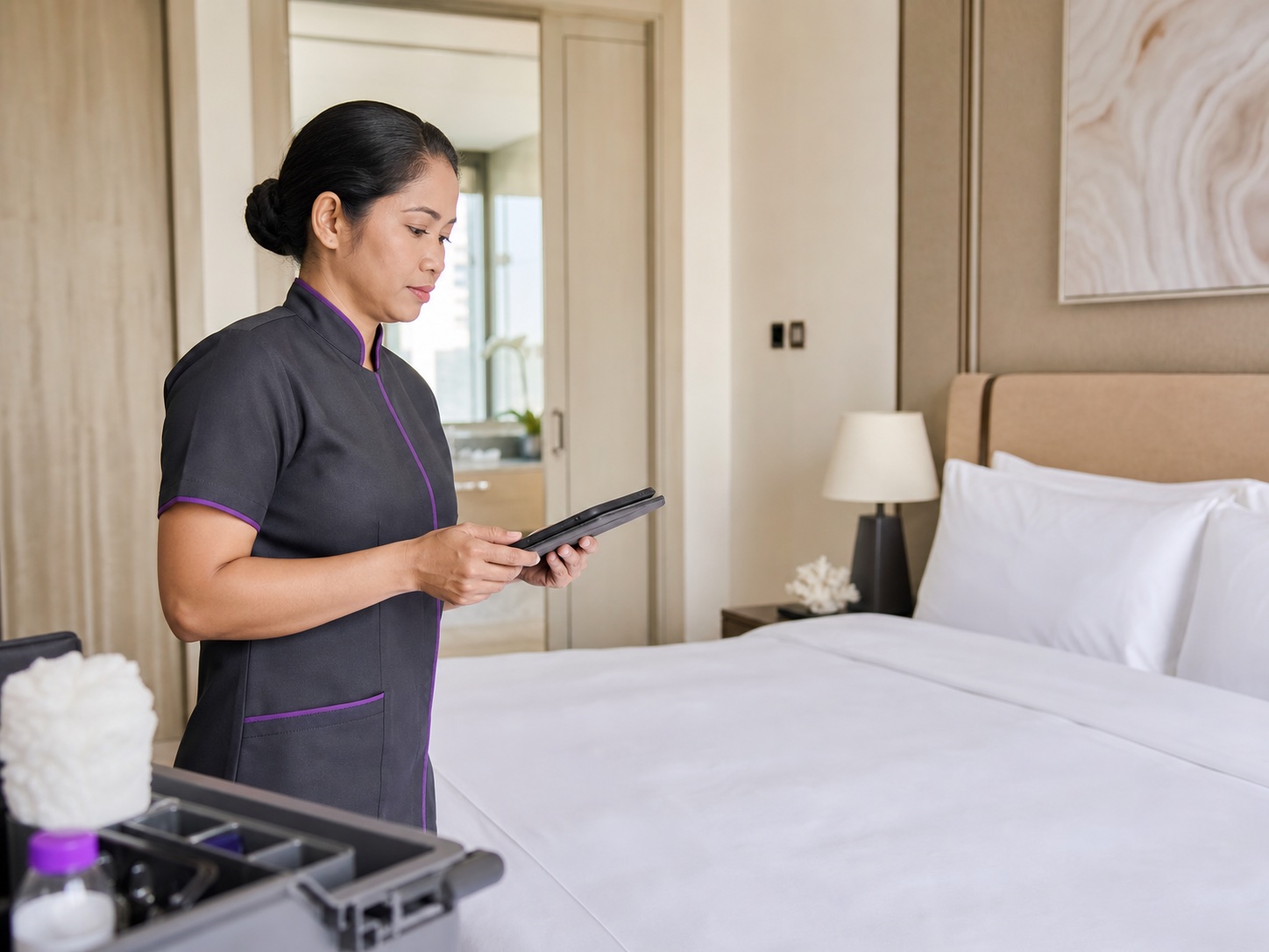 A professional cleaner carrying out a final bedroom quality inspection