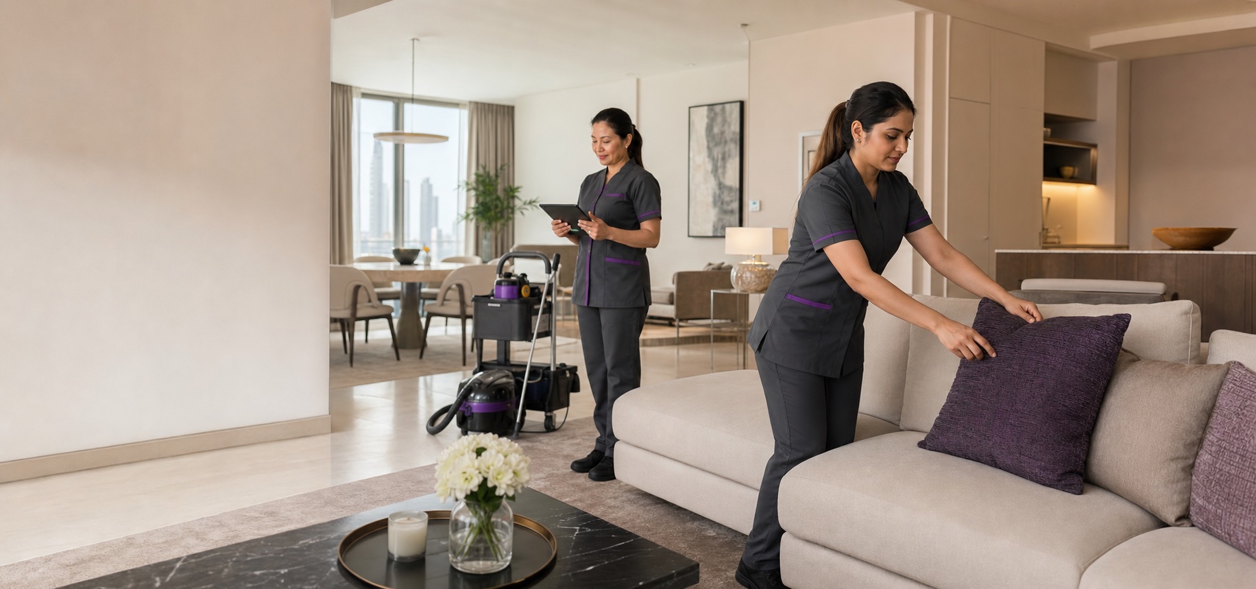 Two professional cleaners completing a holiday-home living room turnover